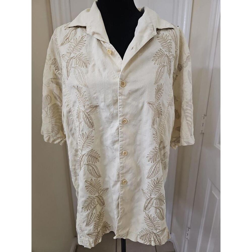 Tommy Bahama Men's 100% Silk Shirt XL Beige Embroidered Tropical Leaf‎